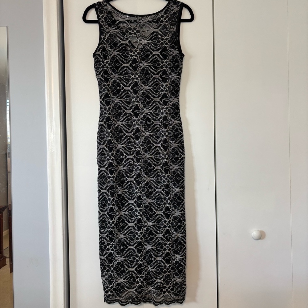 Ronni Nicole Women’s Lace Midi Dress Black Silver Sleeveless Size 6